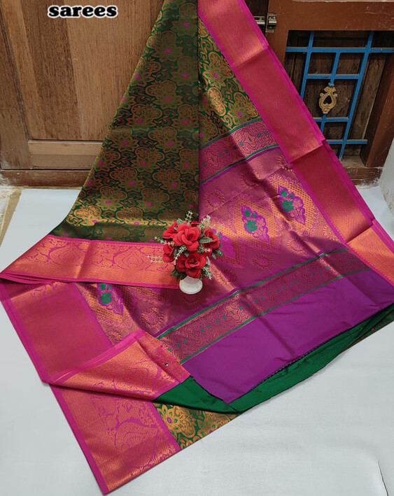 Semi Silk Saree Bottle Green Colour
