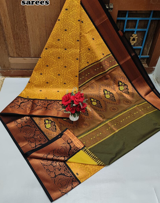 Exclusive Semi Silk saree in Samuthrika & vasthrakala style in Masturd and Olive Green Colour Fully brocade designs with Rich pallu designs