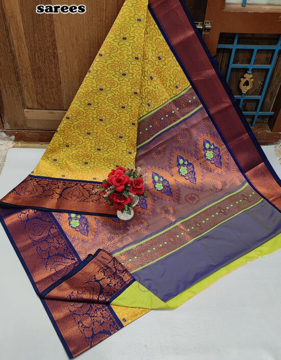 Exclusive Semi Silk saree in Samuthrika & vasthrakala style in Yellow with Navy Blue and Pastel Cream Colour Fully brocade designs with Rich pallu designs
