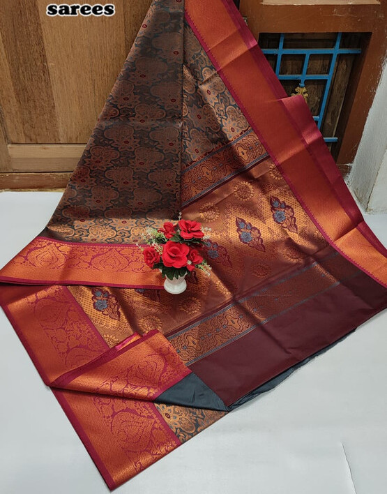 Exclusive Semi Silk saree in Samuthrika & vasthrakala style in Ash Gray and Maroon with Golden Colour Fully brocade designs with Rich pallu designs