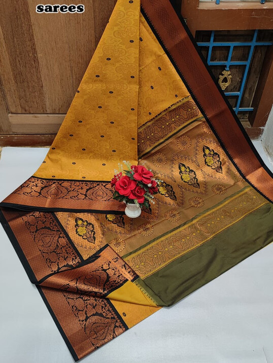 Exclusive Semi Silk saree in Samuthrika & vasthrakala style in Mustard Yellow and Black with Mahendi Colour Fully brocade designs with Rich pallu designs