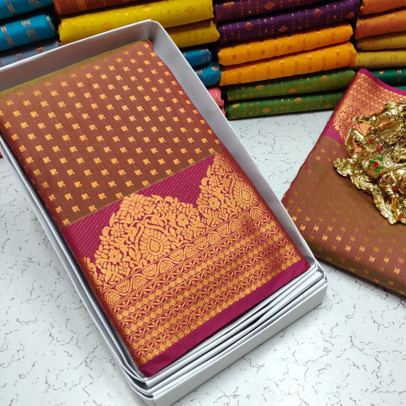 Semi Silk Saree in Nut Brown Colour With Rich Lined Bhoota's and Golden Zari