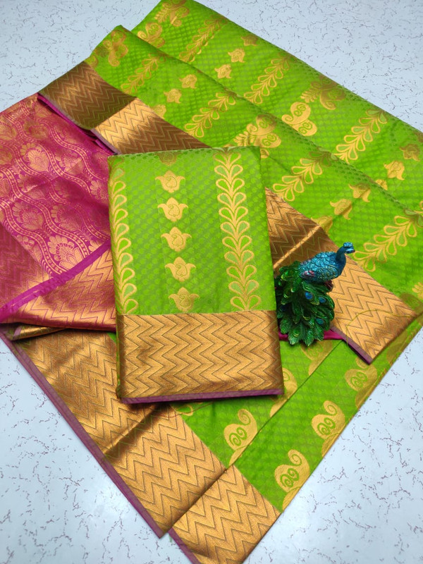 Semi Silk Saree in Parrot Green Colour with Navy Blue Pallu and Extreme Jari work Elegant Design Putta