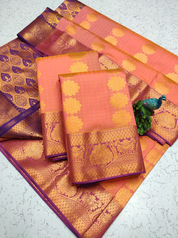Semi Silk Saree in Peach Colour with Purple Pallu and Extreme Jari work Elegant Design Putta