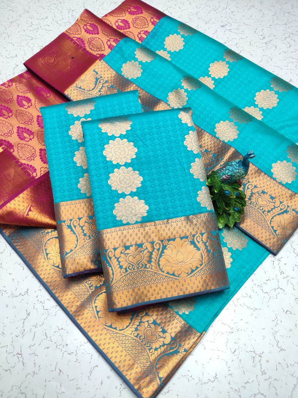 Semi Silk Saree in Sky Blue Colour with Maganta Pallu and Extreme Jari work Elegant Design Putta