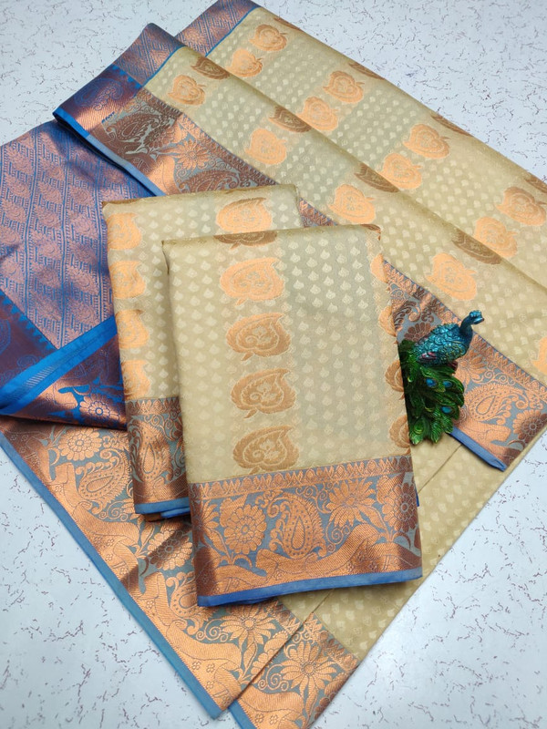 Semi Silk Saree in Pastel Off White Colour with Purple Pallu and Extreme Jari work Elegant Design Putta
