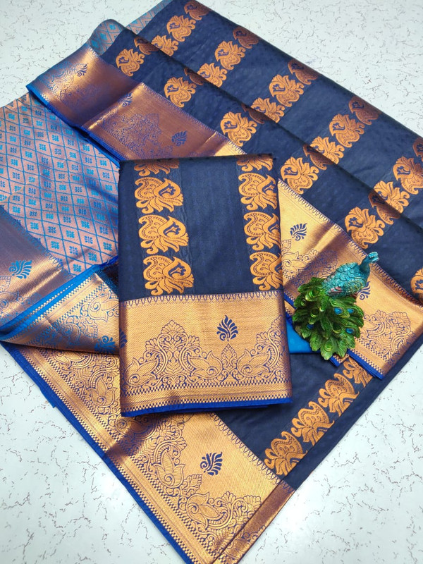 Semi Silk Saree in Navya Blue Colour with Sky Blue Pallu and Extreme Jari work Elegant Design Putta