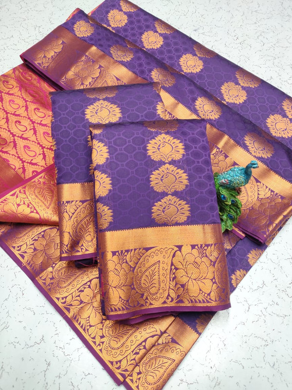 Semi Silk Saree in Purple Colour with Pink Pallu and Extreme Jari work Elegant Design Putta
