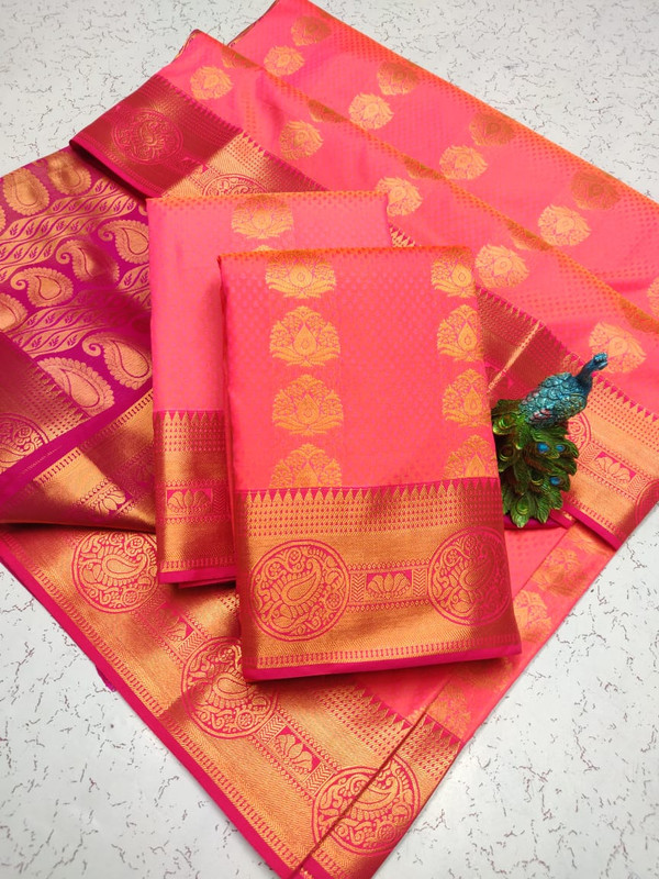 Semi Silk Saree in Peach Colour with Maganta Pallu and Extreme Jari work Elegant Design Putta