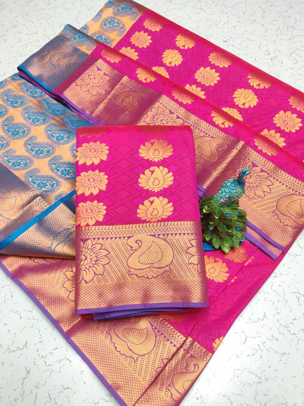 Semi Silk Saree in Pink Colour with Sky Blue Pallu and Extreme Jari work Elegant Design Putta