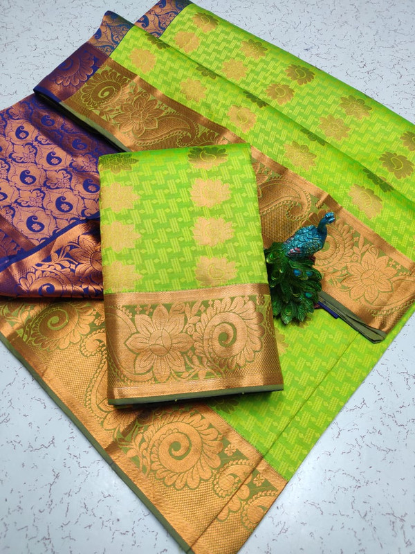 Lemon Green Colour Semi Silk Saree