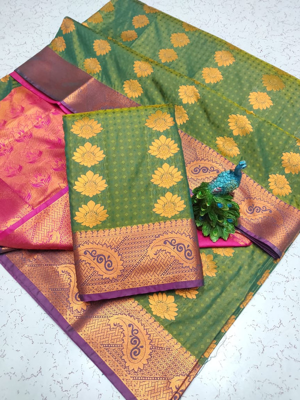 Semi Silk Saree in Shinning Mahendi Green Colour with Maganta Pallu and Extreme Jari work Elegant Design Putta
