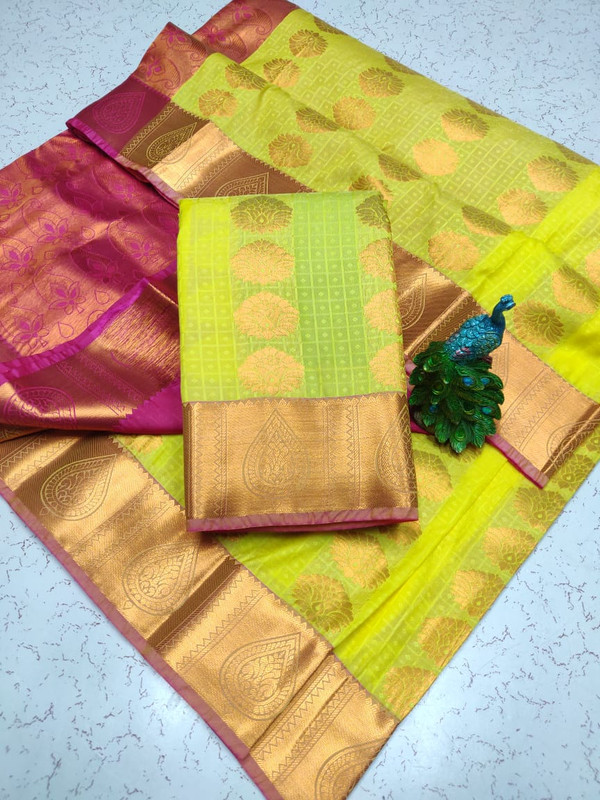 Semi Silk Saree in Lemon Yellow Colour with Maganta Pallu and Extreme Jari work Elegant Design Putta