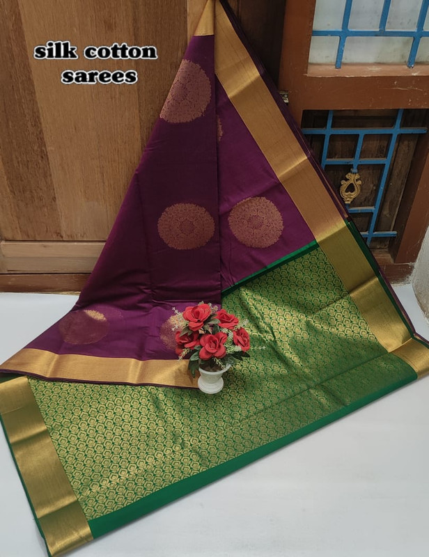 Cotton Silk Saree in Stylish Vine Colour with Attractive Big Bhotta's and Wide Golden Zari Border