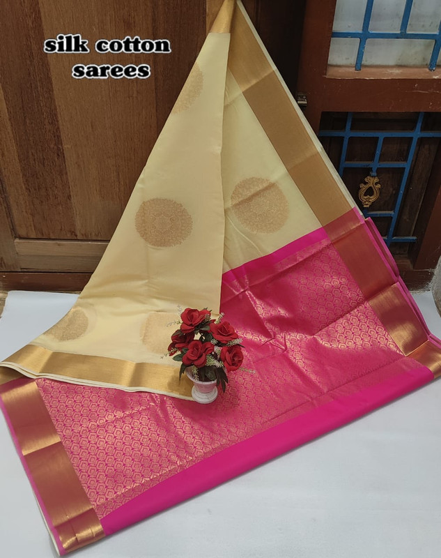 Cotton Silk Saree in Stylish Off White Colour with Attractive Big Bhotta's and Wide Golden Zari Border