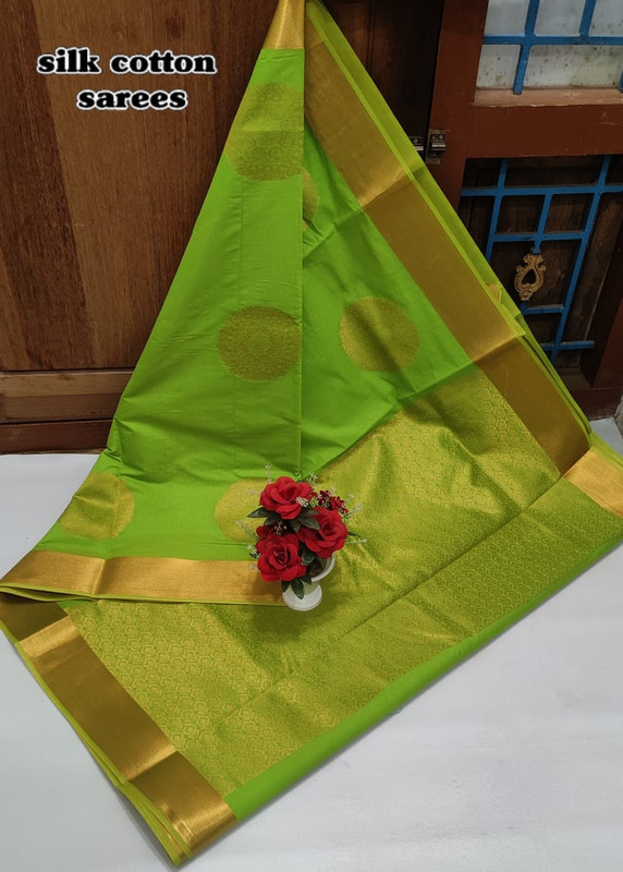 Cotton Silk Saree in Stylish Parrot Green Colour with Attractive Big Bhotta's and Wide Golden Zari Border