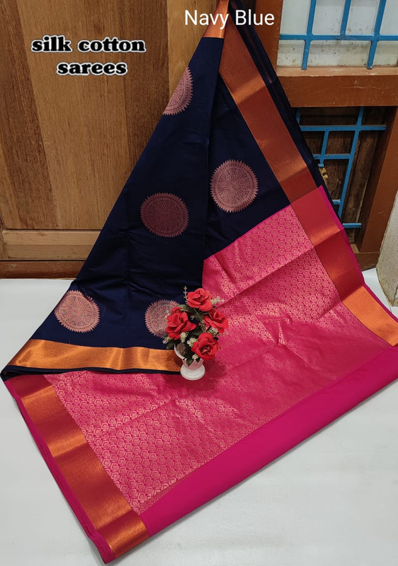 Cotton Silk Saree in Stylish Navy Blue Colour with Attractive Big Bhotta's and Wide Golden Zari Border