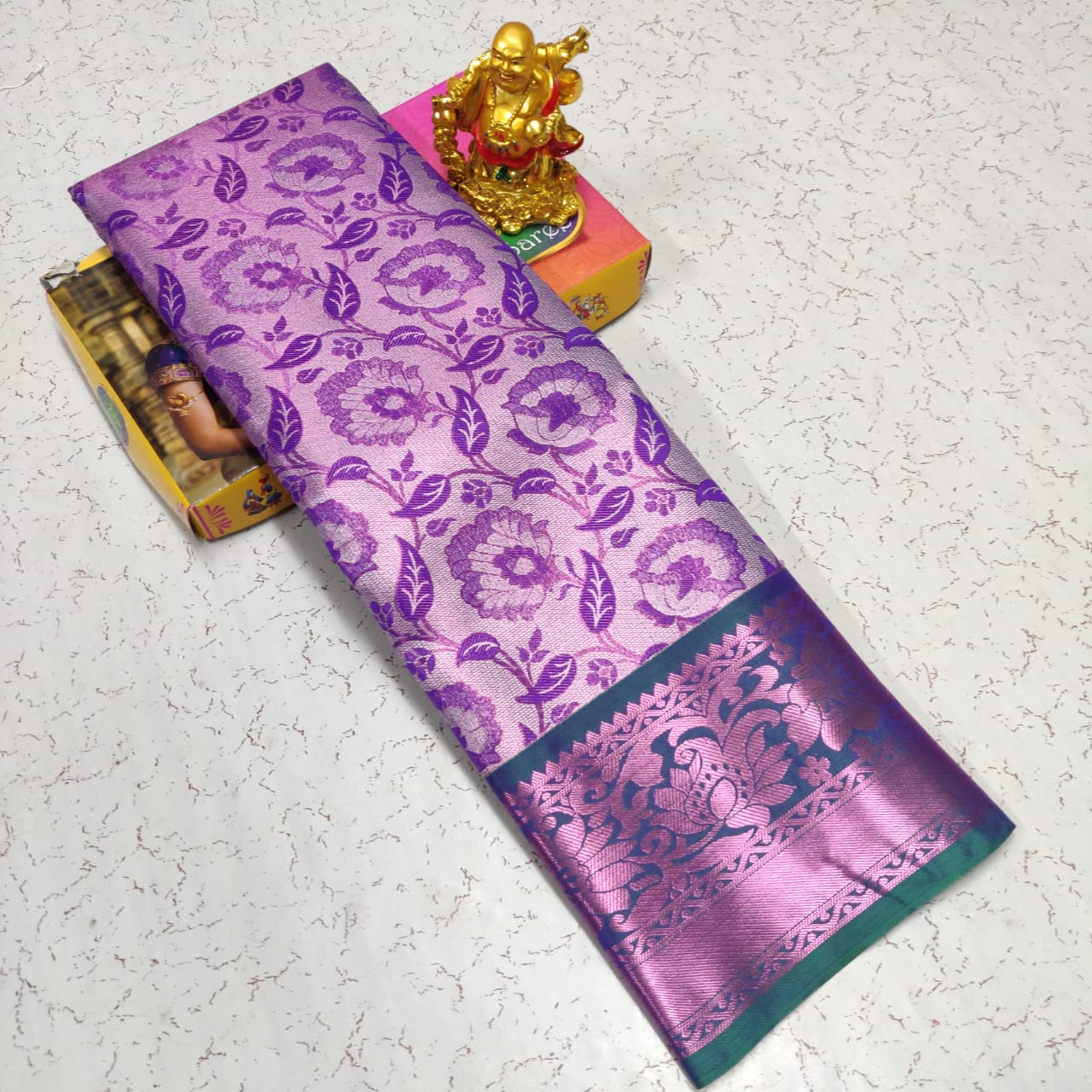 Shinning Pure Tissue Silk Saree in Purple Colour with Floral Design and Silver Zari Spread with Grand Wide Border
