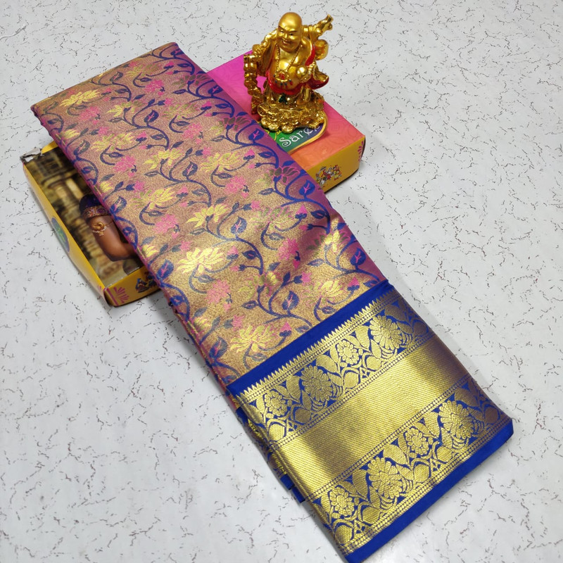 Shinning Pure Tissue Silk Saree in Blue and Pink Colour with Floral Design and Golden Zari Spread with Grand Wide Border