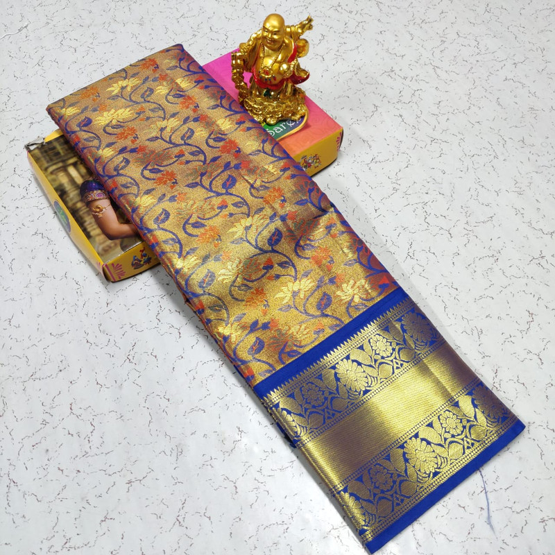 Shinning Pure Tissue Silk Saree in Blue and Orange Colour with Floral Design and Golden Zari Spread with Grand Wide Border