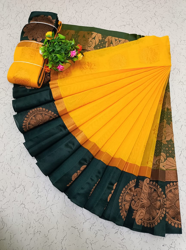 Bright Yellow Pure Cotton Silk Saree