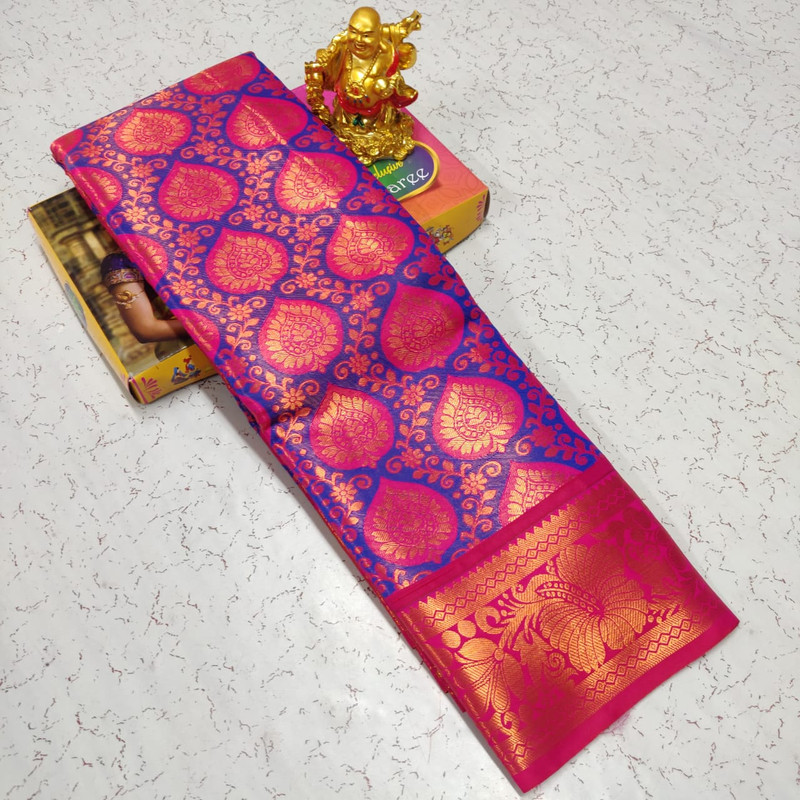 Shinning Pure Tissue Silk Saree in Blue and Pink Colour with Floral Design and Golden Zari Spread with Grand Wide Border