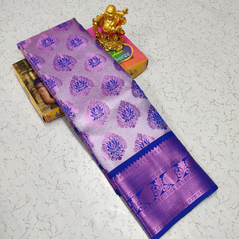 Shinning Pure Tissue Silk Saree in Blue and Copper Colour with Floral Design and Golden Zari Spread with Grand Wide Border, Very Elegant and Rich !!!!