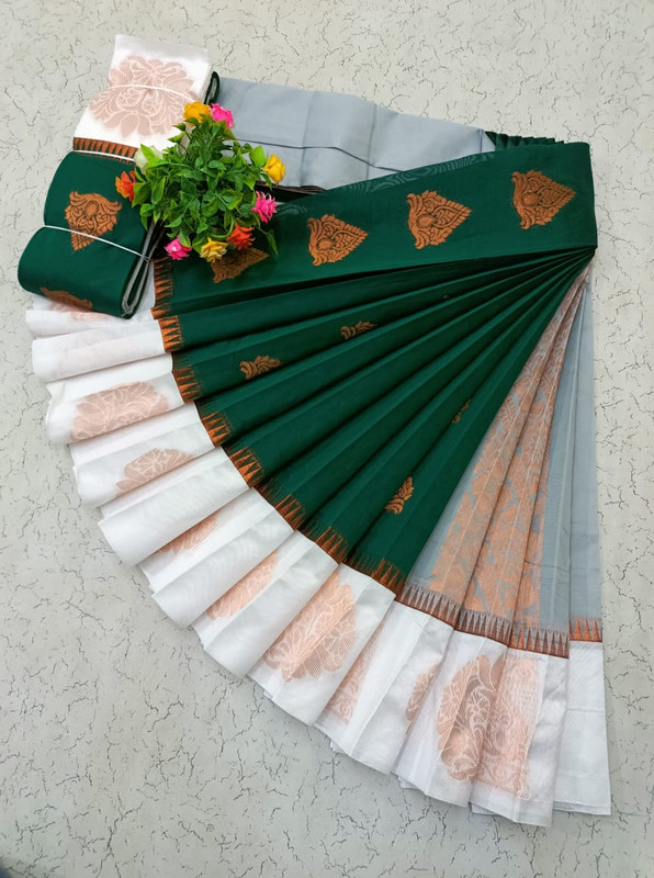 Bottle Green Pure Cotton Silk Saree