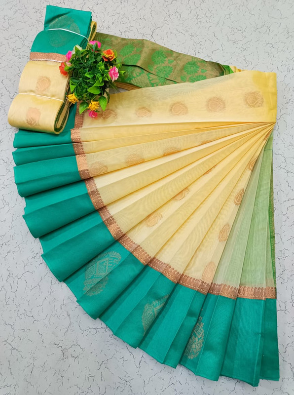 Cremish Yellow Pure Cotton Silk Saree
