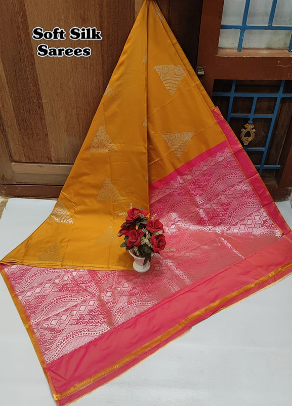 Soft Silk Sarees in Mustard Yellow and Red Colour Pallu with Silver Zari in Rich look...