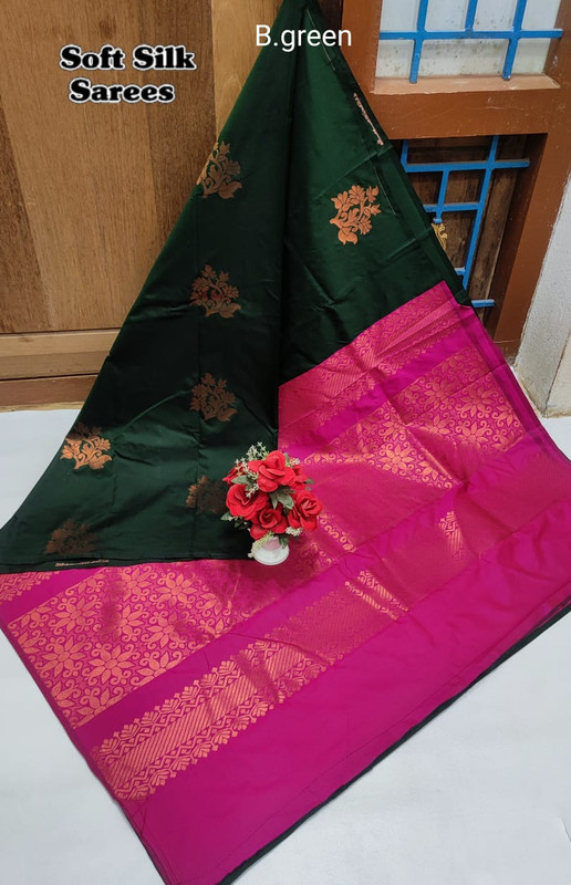 Soft Silk Sarees in Bottle Green and Rani Pink Colour Pallu with Copper Zari in Rich look...