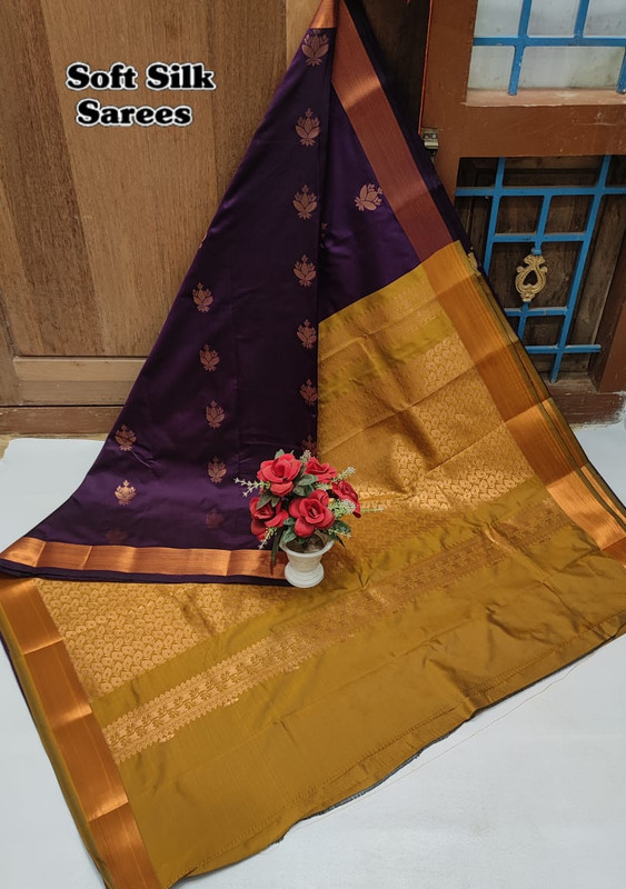 Soft Silk Sarees in Purple and Mustard Yellow Colour Pallu with Golden Zari in Rich look...