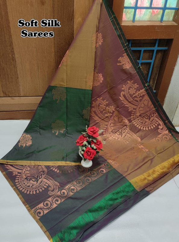 Soft Silk Sarees in Shinning Bottle green Colour