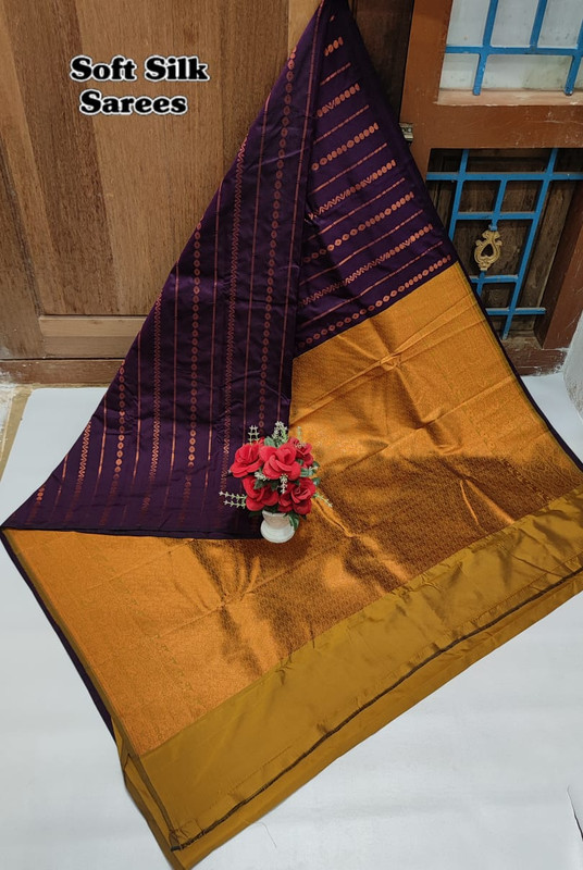 Soft Silk Sarees in Shinning Purple With Copper Dotted Putta Lines and Mustard Colour Pallu with Copper Zari in Rich look...