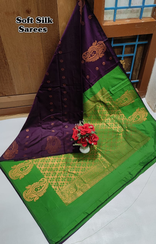 Soft Silk Sarees in Purple With Beautiful Copper Design and Mustard Yellow Colour Pallu with Golden Zari in Rich look...