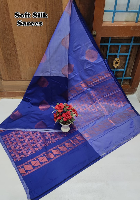 Soft Silk Sarees in Bluish Colur With Beautiful Copper Design and Red Colour Pallu with Golden Zari in Rich look...