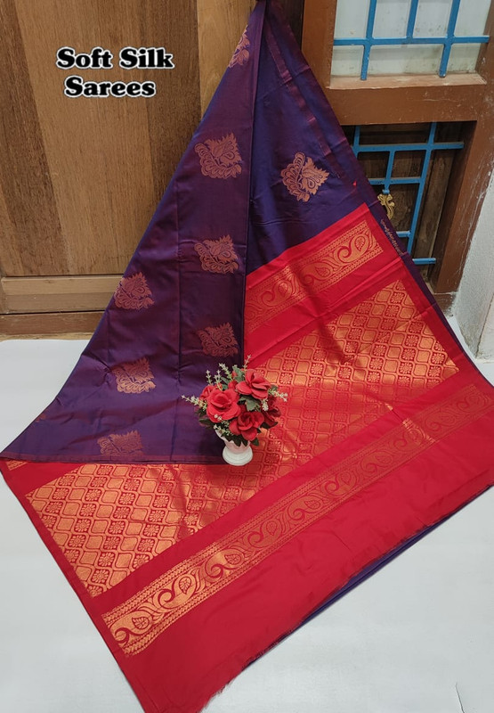 Soft Silk Sarees in Dual Tone Purple Colour With Beautiful Copper Design and Red Colour Pallu with Copper Zari in Rich look...