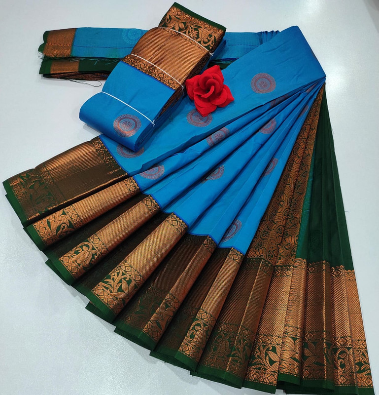 Luxury Soft Silk Saree, Bright Sky Blue and Bottle Green Colour Border with Golden Zari with Putta's , Rich Premium Quality