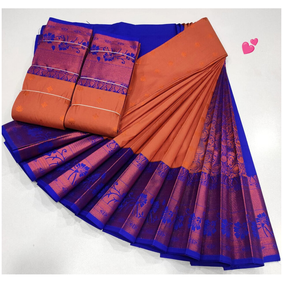 Luxury Soft Silk Saree, Dark Peach Sandly Colour and Blue Colour Border with Golden Zari with Putta's , Rich Premium Quality