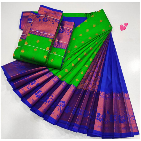 Luxury Soft Silk Saree, Dark Peach Sandly Colour and Blue Colour Border with Golden Zari with Putta's , Rich Premium Quality
