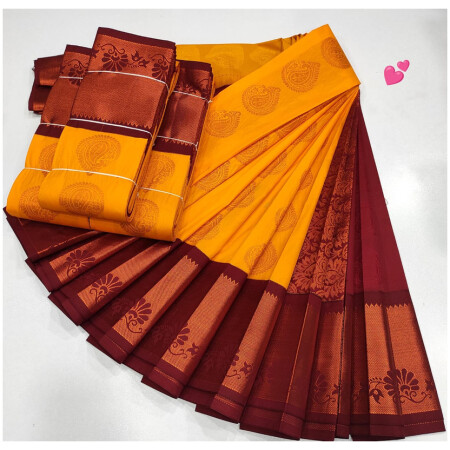 Luxury Soft Silk Saree, Mango Yellow Colour and Maroon Colour Border with Golden Zari with Putta's , Rich Premium Quality