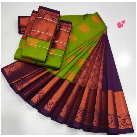 Luxury Soft Silk Saree, Parrot Green Colour and Violet Colour Border with Golden Zari with Putta's , Rich Premium Quality