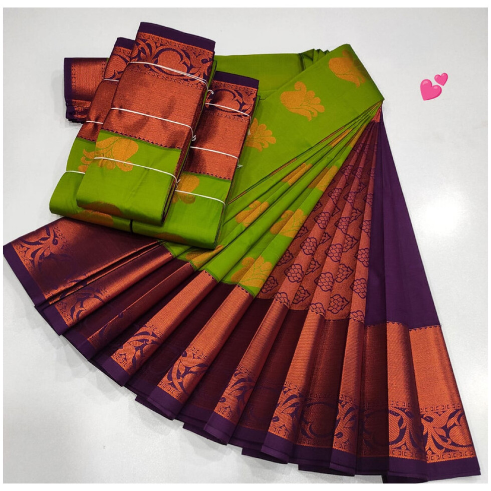 Luxury Soft Silk Saree, Parrot Green Colour and Violet Colour Border with Golden Zari with Putta's , Rich Premium Quality