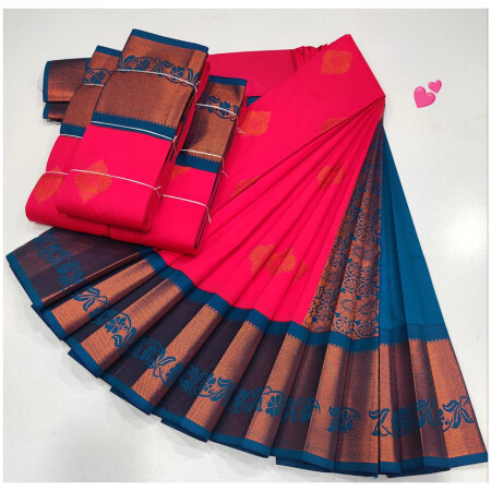 Luxury Soft Silk Saree, Dark Peach Pink Colour and Blue Colour Border with Golden Zari with Putta's , Rich Premium Quality