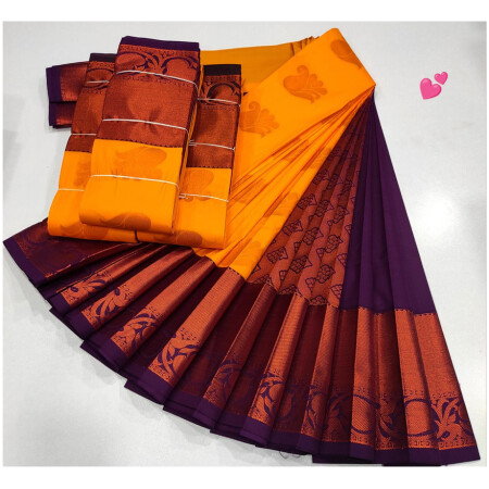 Luxury Soft Silk Saree, Mango Yellow Colour and Violet Colour Border with Golden Zari with Putta's , Rich Premium Quality