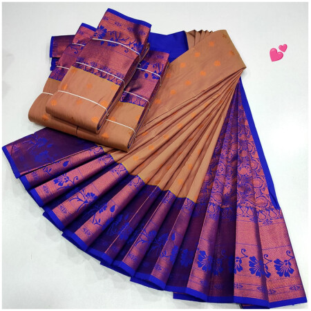 Luxury Soft Silk Saree, Pastel Peach Colour and Blue Colour Border with Golden Zari with Putta's , Rich Premium Quality