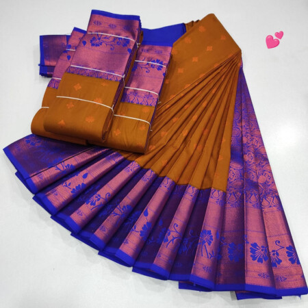 Luxury Soft Silk Saree, Dark Mustard Yellow Colour and Blue Colour Border with Golden Zari with Putta's , Rich Premium Quality