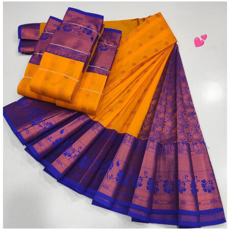 Luxury Soft Silk Saree, Orange Yellow Colour and Navy Blue Colour Border with Golden Zari with Putta's , Rich Premium Quality