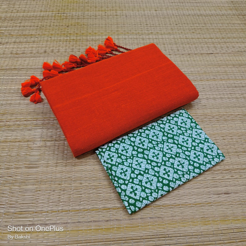 Plain Orange Cotton Saree