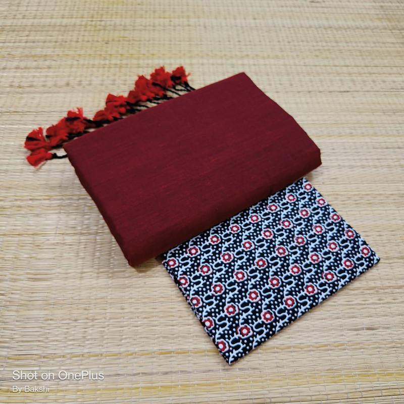 Brick Red Plain Cotton Saree